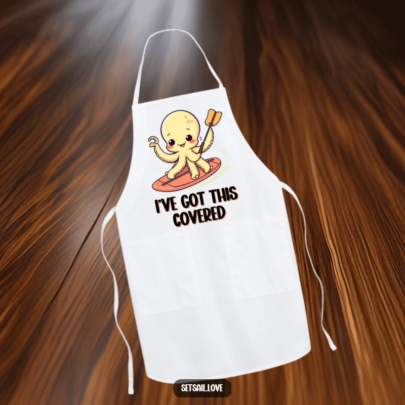 Funny kawaii octopus wearing an apron, humorously attempting to paddle with its tentacles while cooking.