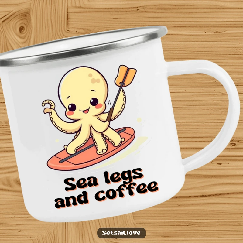 Funny kawaii octopus on a durable camping mug, ready for outdoor adventures and morning coffee.