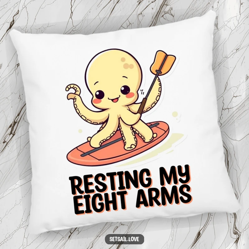 Funny kawaii octopus resting on a paddleboard, radiating a cheerful and wiggly aura.