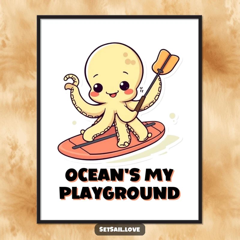 Funny kawaii octopus enthusiastically paddleboarding, downloadable digital art print for instant humorous decoration.
