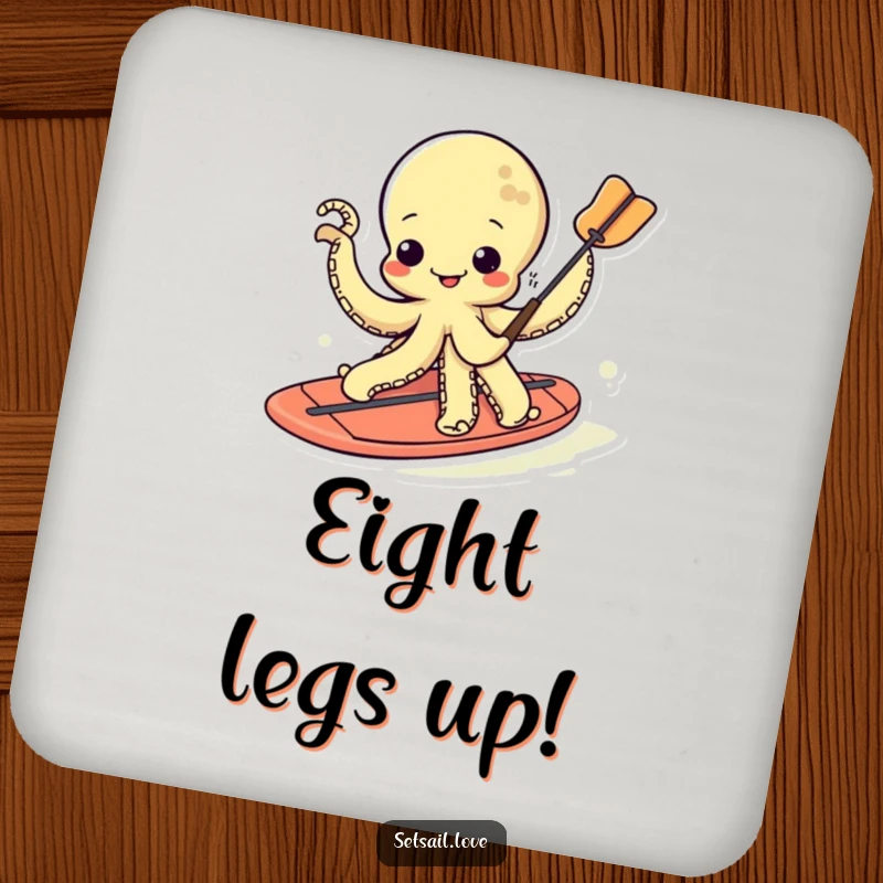 Funny kawaii octopus paddleboarding design on a drink coaster, offering protection with a humorous touch.