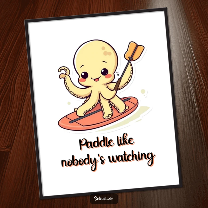 Funny kawaii octopus enthusiastically paddleboarding, its tentacles wiggling with pure delight on a vibrant background.