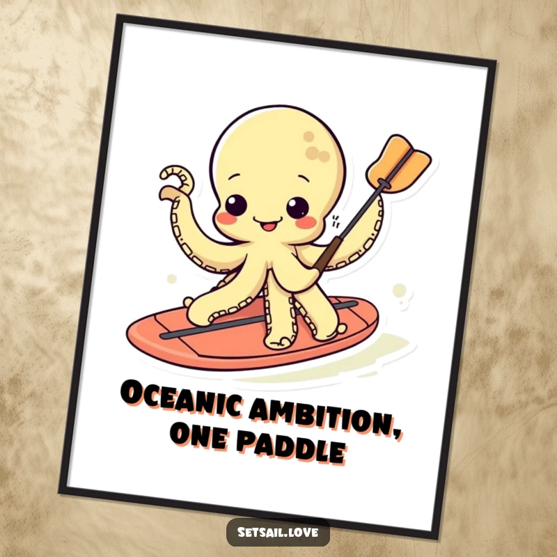 Funny Free Printable Wall Art: A wiggling kawaii octopus enthusiastically paddleboarding on a surfboard, bringing seaside silliness.