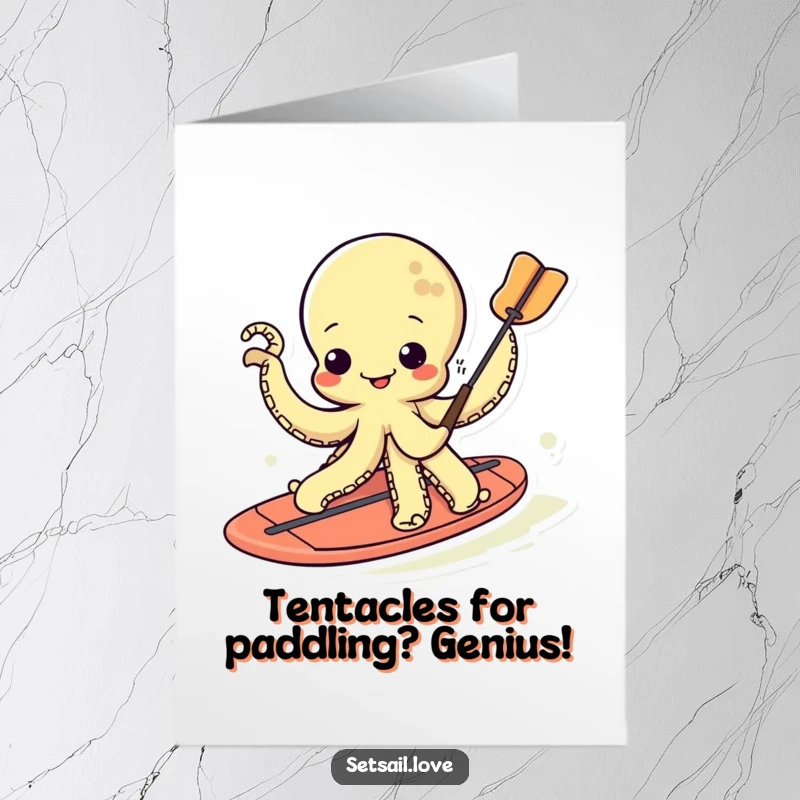 Funny Free Printable Birthday Card: A kawaii octopus wiggling its tentacles wildly on a paddleboard, ready to deliver laughs.