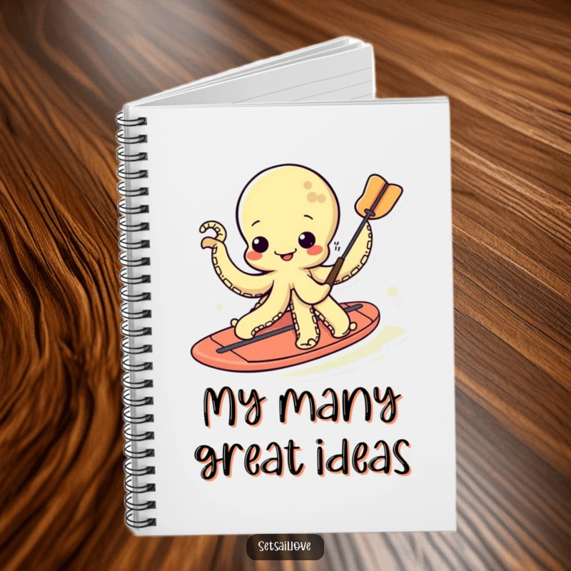 Funny kawaii octopus on a paddleboard cover design for a notebook, encouraging creative and humorous entries.