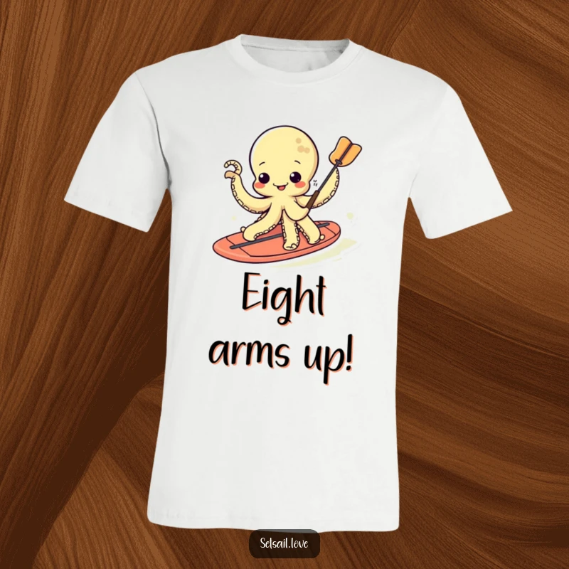 Funny kawaii octopus, wiggling its tentacles while confidently paddleboarding on a calm sea.
